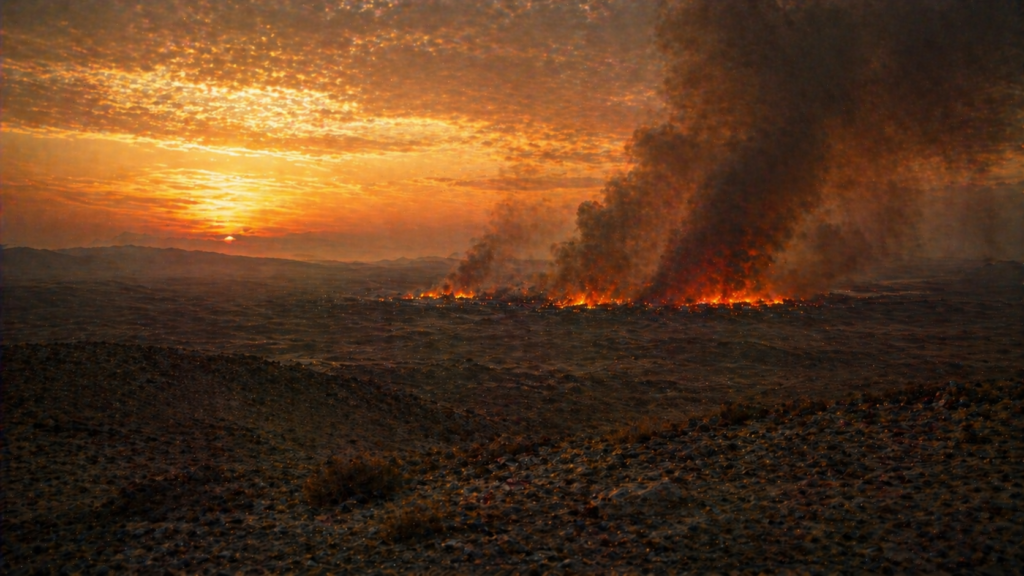 A view from a distant ridge of two ancient cities under dark smoke at dawn, evoking the destruction of Sodom and Gomorrah in Genesis 19