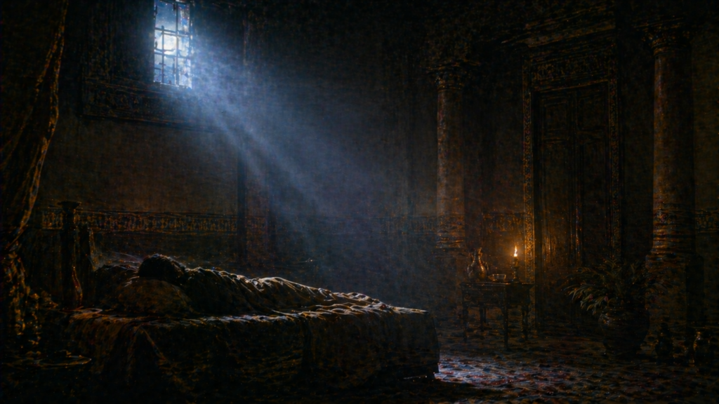 An ancient palace bedchamber at night with moonlight and a figure on a low bed, evoking Abimelech's dream in Genesis 20
