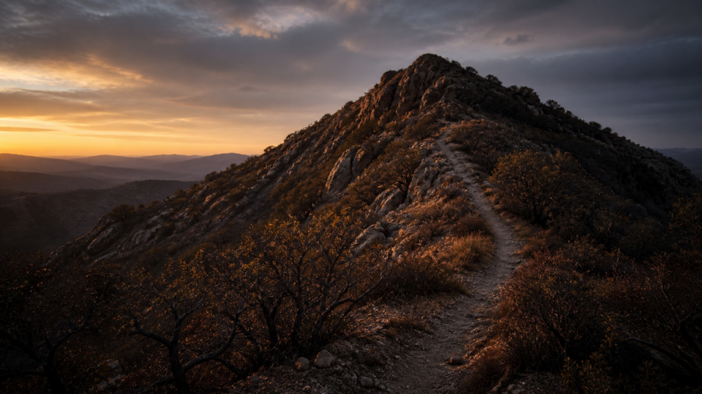 A wooded ridge at dawn with a thin trail leading up through scrub oak, evoking the ascent of Mount Moriah in Genesis 22