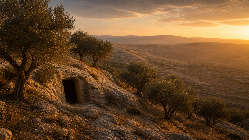A small cave entrance in a hillside near ancient Hebron at golden hour, evoking the cave of Machpelah purchased by Abraham in Genesis 23