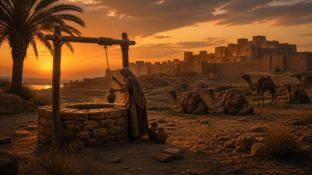 An ancient stone well outside a Mesopotamian town at evening with camels nearby and a woman lowering a pitcher, evoking Rebekah at the well in Genesis 24