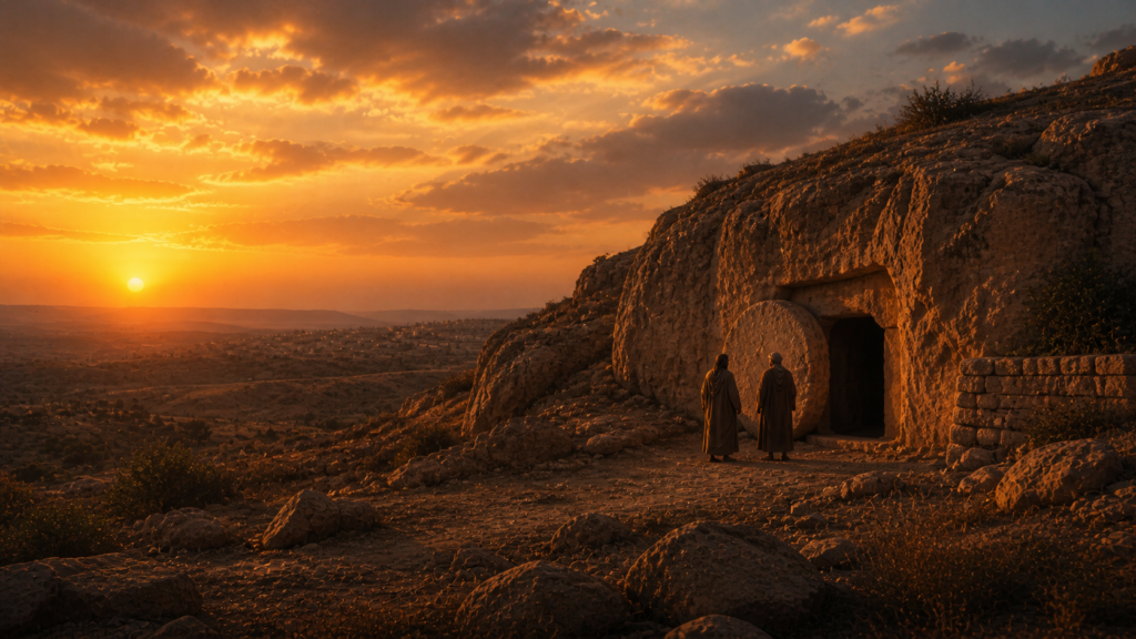 Two distant figures at the entrance of an ancient cave on a stony hillside near Hebron at golden hour, evoking Isaac and Ishmael at the burial of Abraham in Genesis 25