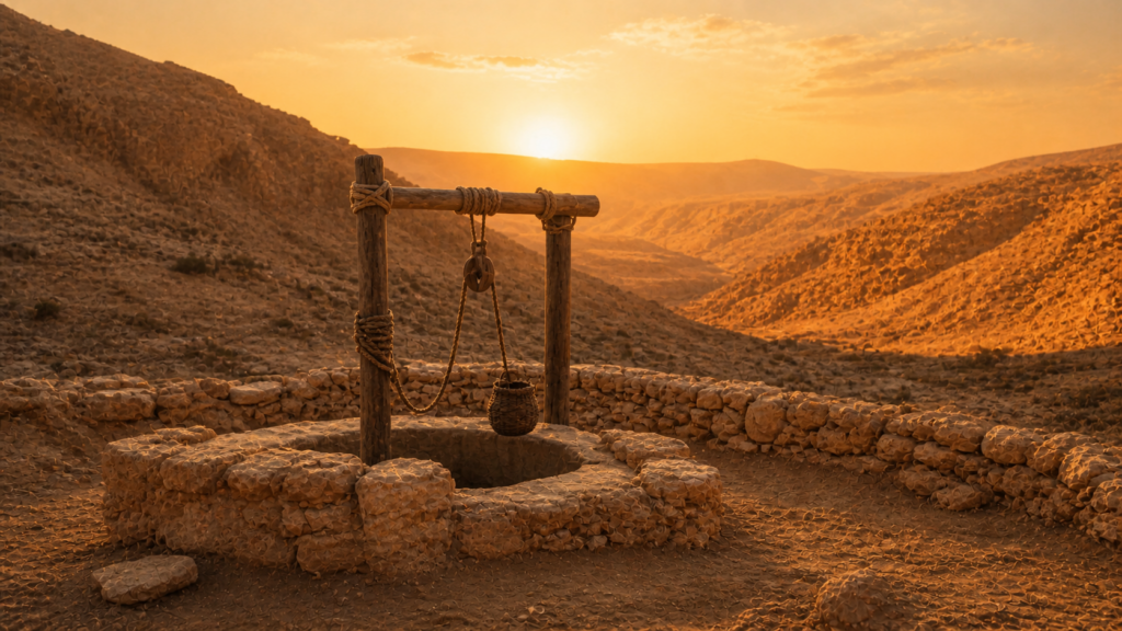 An ancient stone-lined well in a Negev desert valley at golden hour, evoking Isaac's wells in Genesis 26