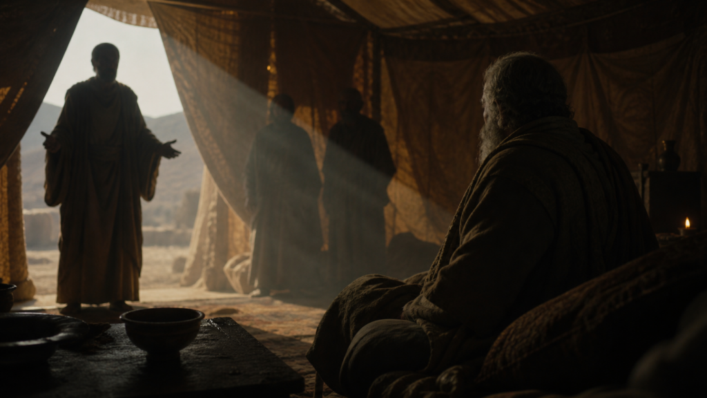 A dim ancient tent interior at midday with an aged figure at a low table, evoking the deathbed blessing scene in Genesis 27