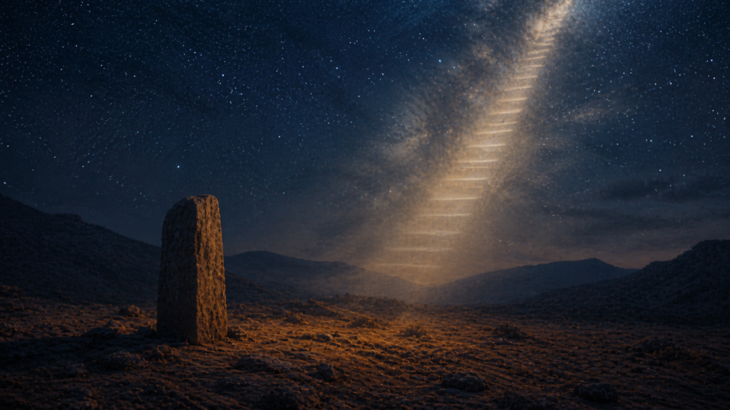 A solitary stone in an empty rocky landscape under a starlit night sky with a soft band of light rising toward the upper edge, evoking Jacob's dream of the staircase at Bethel in Genesis 28