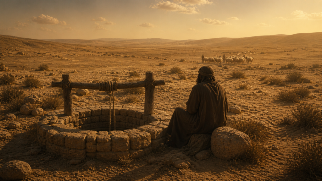 An ancient stone-lined well in a dusty desert plain at midday with a figure seated nearby and an approaching flock, evoking Jacob's arrival at Haran in Genesis 29