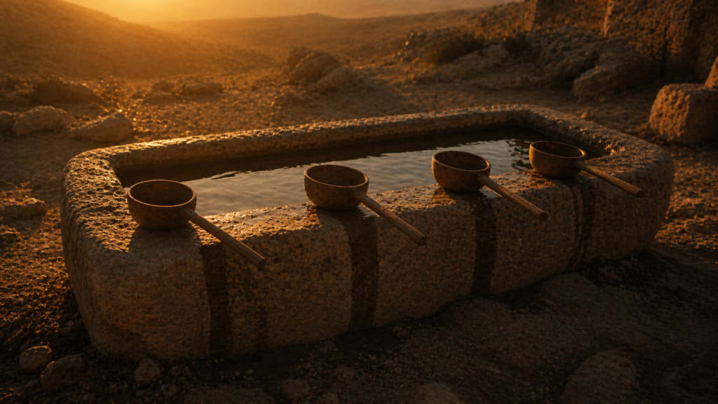 An ancient stone water trough at golden hour with four wooden ladles, evoking the four mothers of the tribes of Israel in Genesis 30