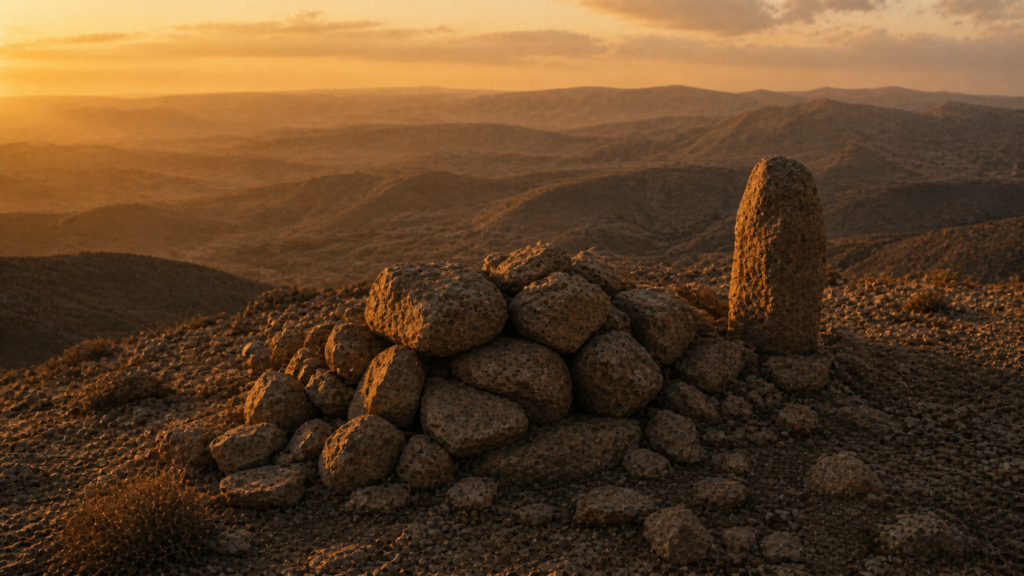 A small heap of weathered stones on a stony mountain ridge at golden hour with a single standing stone at the edge, evoking the Mizpah covenant in Genesis 31