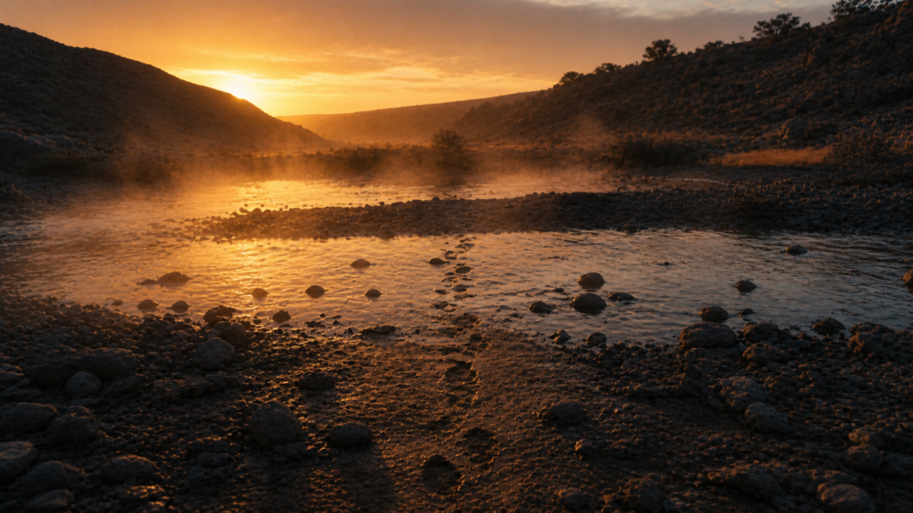 A shallow river ford in a stony valley at dawn with mist rising and a single set of footprints leading across, evoking Jacob's crossing of the Jabbok in Genesis 32