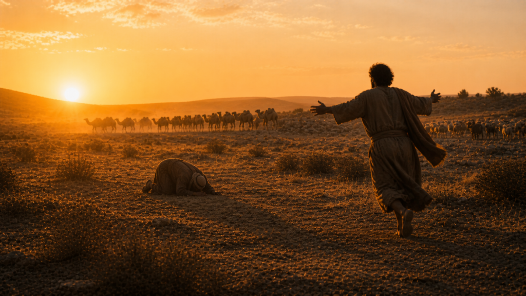 Two distant figures meeting at golden hour in an open Levantine plain, one running with arms open, evoking the meeting of Jacob and Esau in Genesis 33