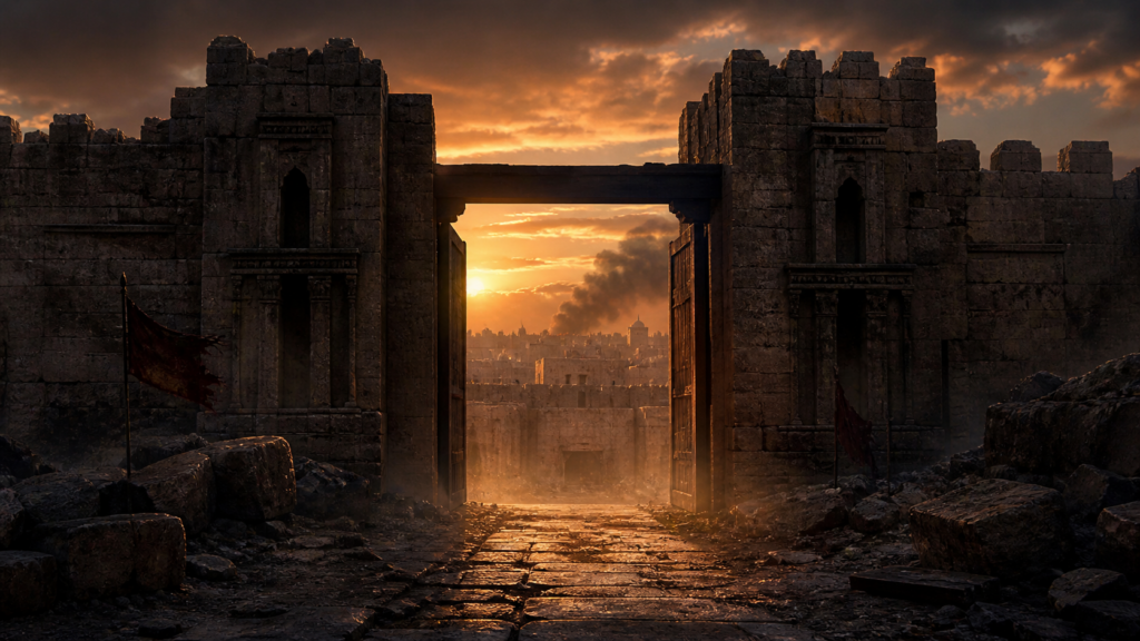 An ancient city gate at dusk with no people visible and a faint plume of smoke in the distance, evoking the aftermath of the violence at Shechem in Genesis 34