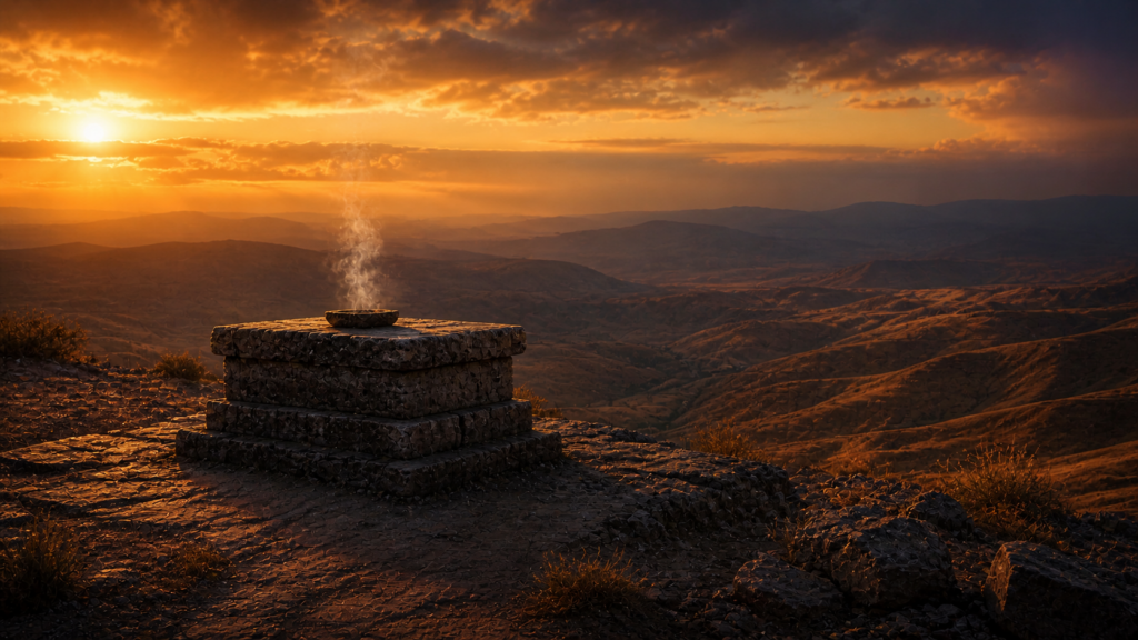 A weathered stone altar on a high rocky ridge at dawn with a small column of smoke rising, evoking the Bethel altar in Genesis 35