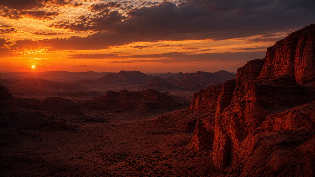 The rugged red sandstone hills of southern Jordan at sunset, evoking the land of Seir where Esau and his descendants founded Edom in Genesis 36