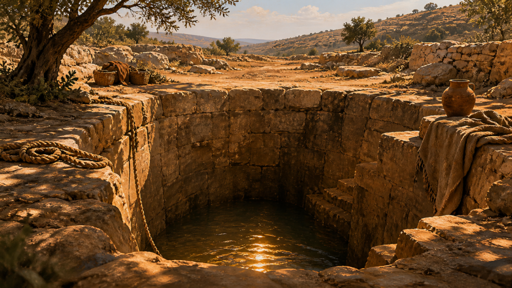 A deep stone-cut cistern at midday in a stony Levantine valley, evoking the empty pit into which Joseph was thrown in Genesis 37