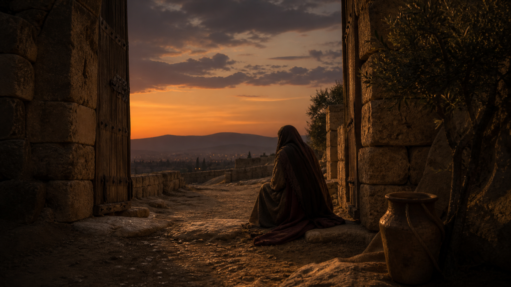 An ancient city gateway in a Levantine landscape at twilight with a single veiled figure seated near the threshold, evoking Tamar at the gate of Enaim in Genesis 38