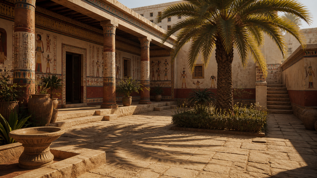 An Egyptian household courtyard at midday with painted walls and a single palm tree, evoking Potiphar's house in Genesis 39