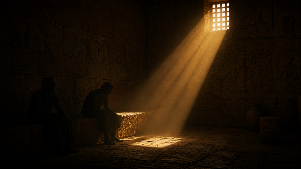 An ancient Egyptian prison interior at dawn with a shaft of light on a stone bench and two seated figures in shadow, evoking Joseph and the two officials in Genesis 40