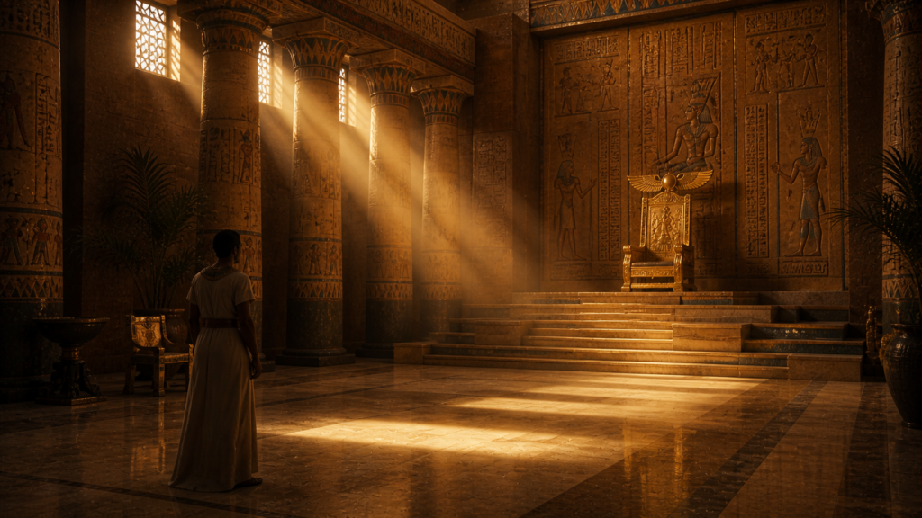An ancient Egyptian throne hall at midday with light streaming through pillared windows and a figure before the throne, evoking Joseph's audience with Pharaoh in Genesis 41