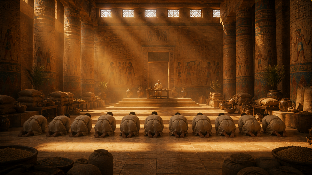 An Egyptian storehouse hall at midday with distant figures bowed before a raised platform, evoking Joseph's brothers bowing to him in Genesis 42
