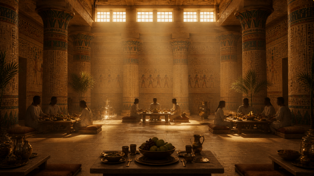 An ancient Egyptian formal dining room at noon with three sets of low tables and seated figures, evoking the meal at Joseph's house in Genesis 43