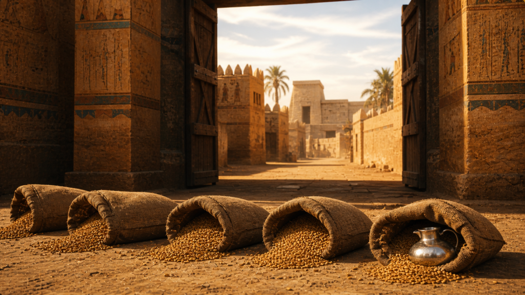 A row of opened woven sacks on the dusty ground at an ancient city gate with a silver vessel catching light in the last sack, evoking the steward's search of the brothers' sacks in Genesis 44