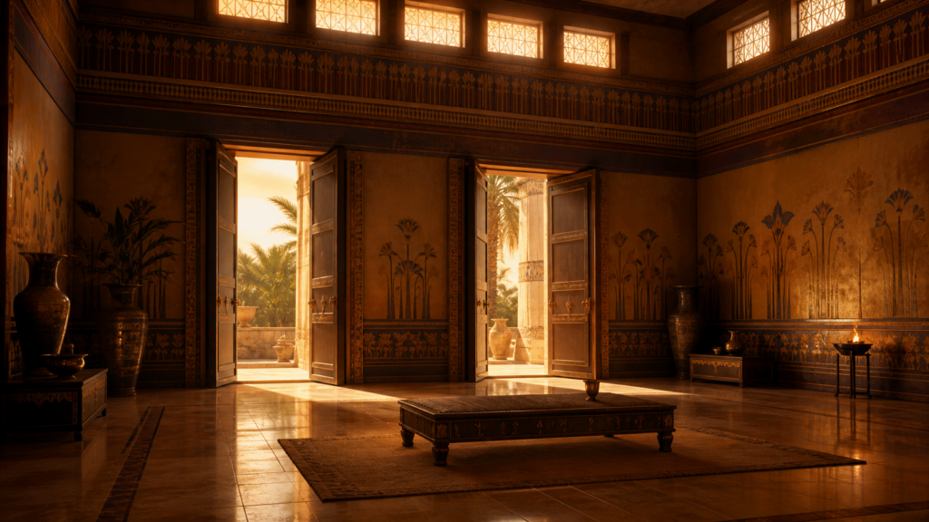 An ancient Egyptian receiving room with open doors and empty space, evoking Joseph clearing the room before revealing himself to his brothers in Genesis 45