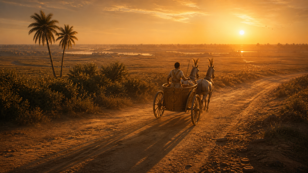 An Egyptian chariot moving across the Nile Delta at dawn toward the family camp, evoking Joseph riding up to meet his father in Genesis 46