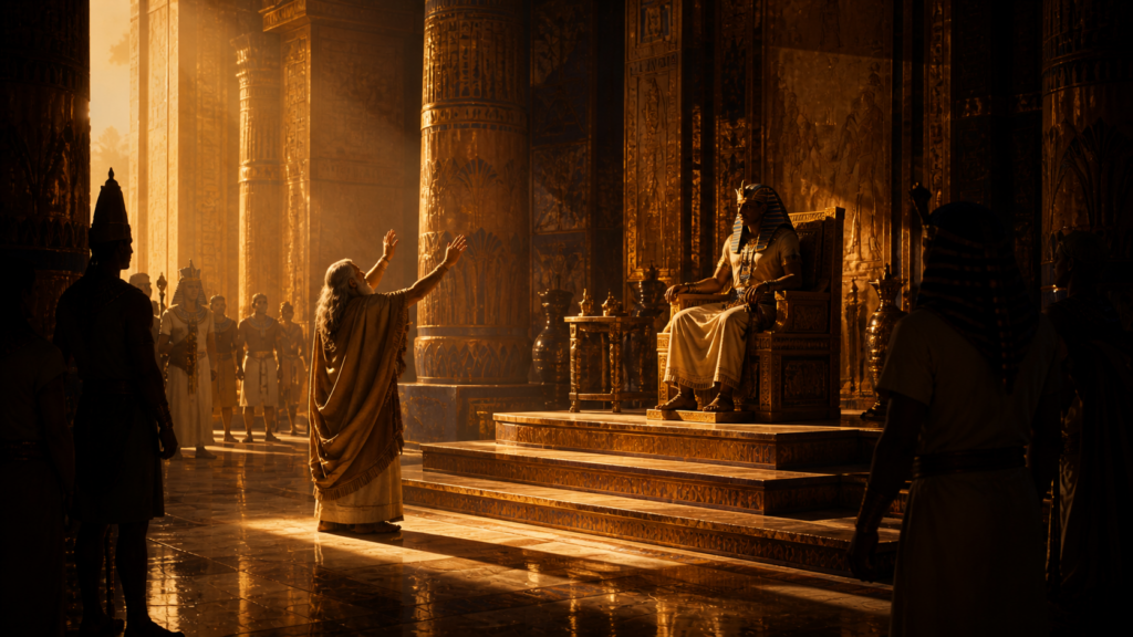 An aged patriarch with hands raised in blessing standing before a seated Egyptian Pharaoh, evoking Genesis 47:7 where Jacob blesses Pharaoh