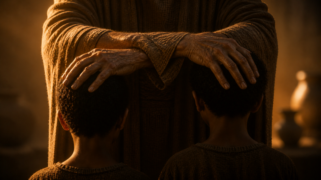 An aged patriarch's crossed hands resting on two young boys' heads, evoking Jacob blessing Ephraim and Manasseh in Genesis 48