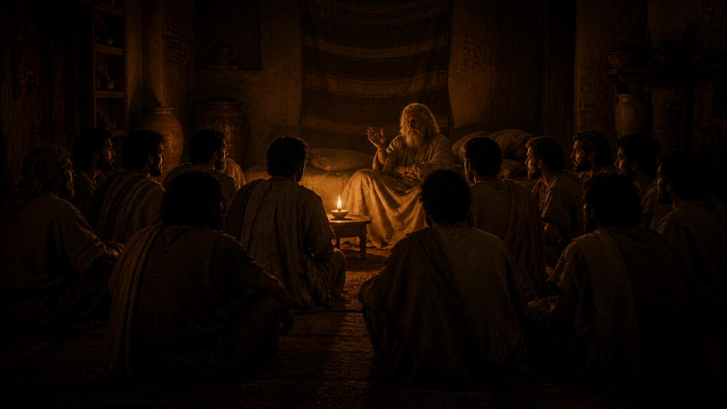 An aged patriarch sitting up in bed with twelve figures gathered around in shadow, evoking Jacob's deathbed blessings on the twelve tribes in Genesis 49