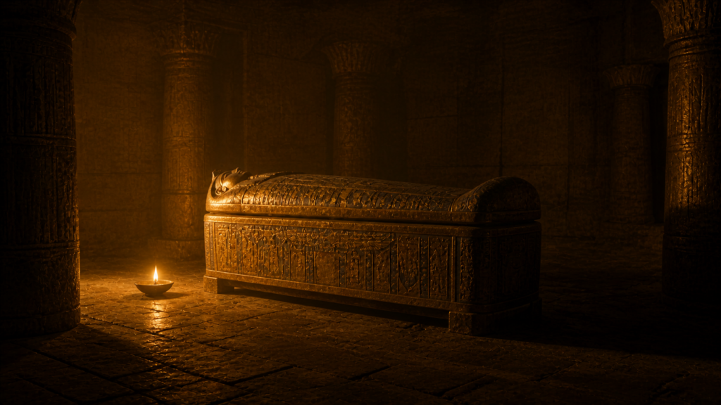 A single Egyptian coffin in a dim stone chamber with a single oil lamp, evoking the closing image of Genesis 50: Joseph's bones waiting in Egypt