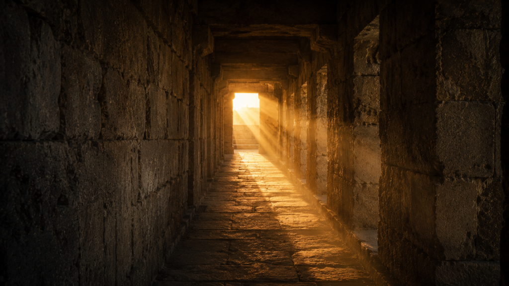 A long stone corridor with golden light spilling from the opening at its end, evoking the new and living way through the veil at Hebrews 10:20