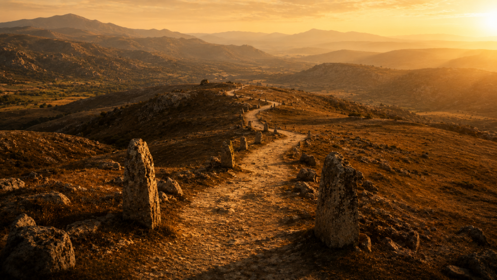 A long ancient path with small standing-stone cairns marking the way at golden hour, evoking the canonical witnesses of Hebrews 11