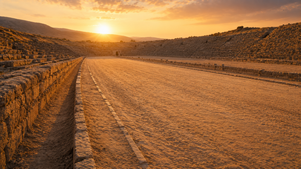 An empty sandy track encircled by empty stone seats at golden hour, evoking the race set before us with the cloud of witnesses at Hebrews 12:1