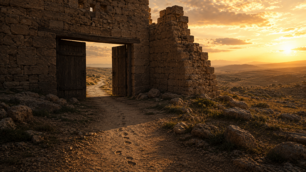 A city gate viewed from outside the walls with footprints leading away at golden hour, evoking the call to go outside the camp at Hebrews 13:13