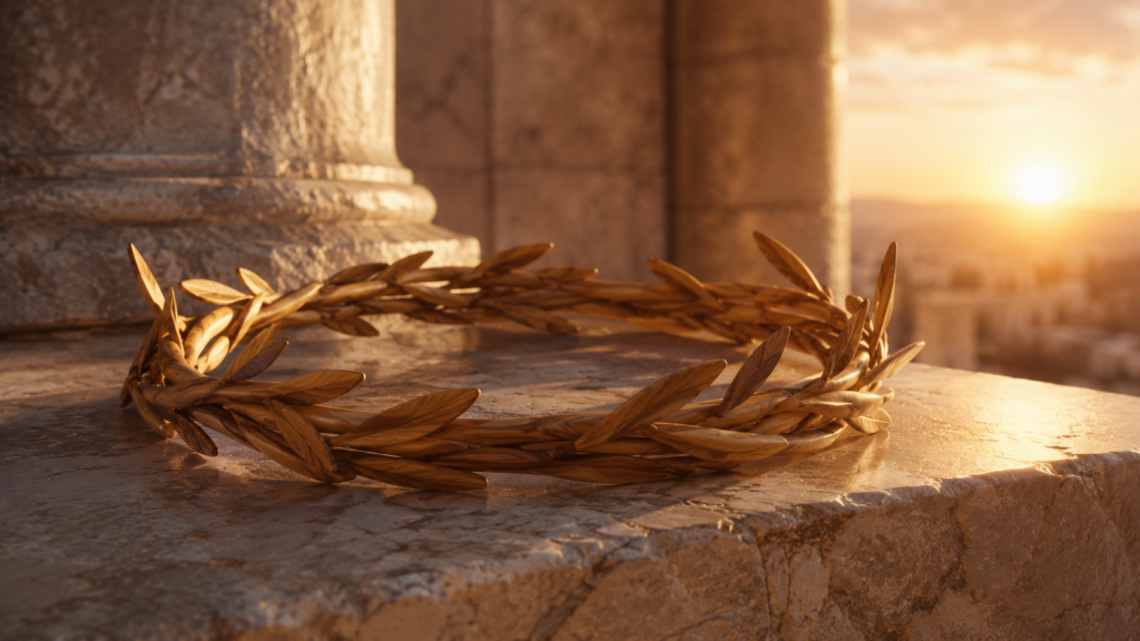 An olive-wood crown on a stone ledge, evoking the human vocation crowned with glory and honor at Hebrews 2:7