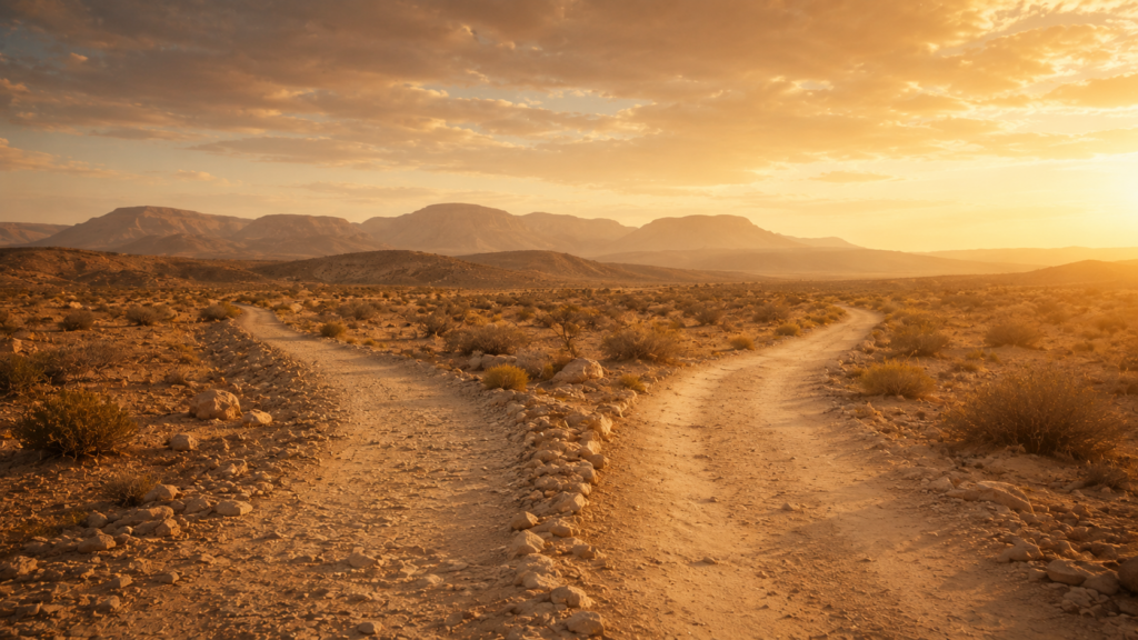 Two paths diverging in a desert at dawn with mountains in the distance, evoking the today of Hebrews 3's Psalm 95 warning