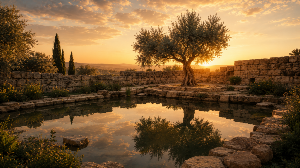 A still pond in a walled garden at dawn, evoking the Sabbath rest that remains for the people of God at Hebrews 4:9