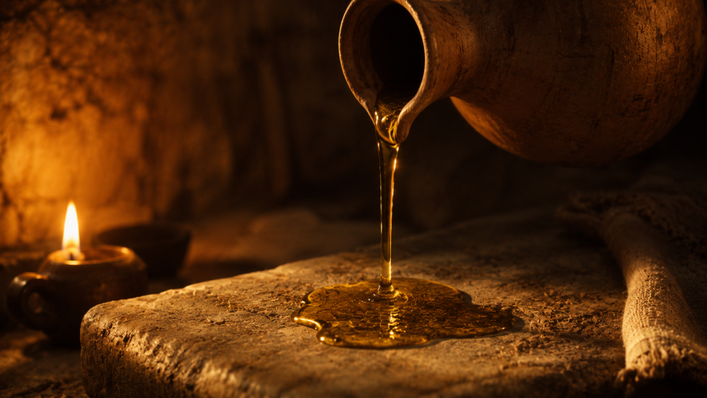 Anointing oil being poured slowly in a candle-lit interior, evoking Christ called by God to the high priestly office at Hebrews 5