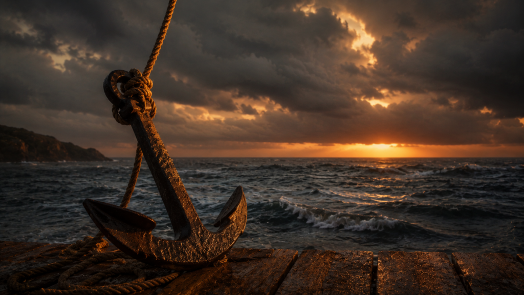 A heavy anchor with a rope rising upward at the edge of a stormy sea, evoking hope as the anchor of the soul reaching within the veil at Hebrews 6:19
