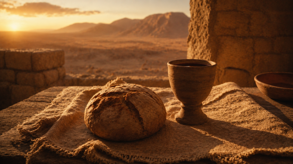 Bread and wine on a simple table at golden hour with distant mountains, evoking Melchizedek's blessing of Abraham at Genesis 14:18