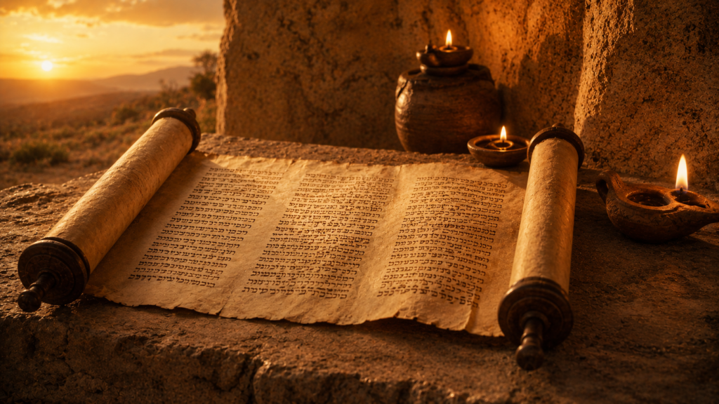 An open ancient scroll on a stone surface in lamplight, evoking Jeremiah 31 quoted in full at Hebrews 8