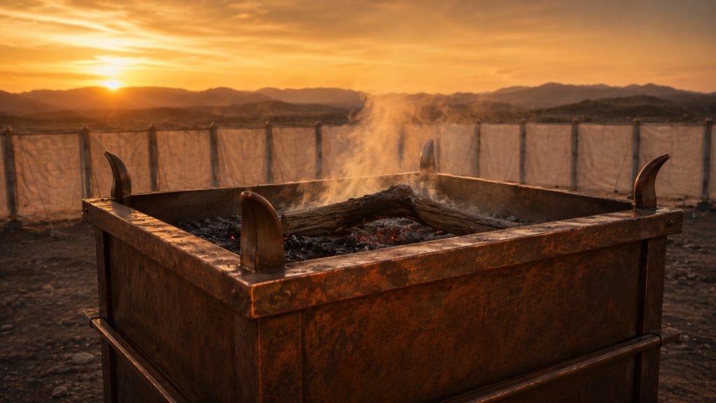 A weathered bronze altar at dawn with smoke rising, evoking the olah / burnt offering of Leviticus 1