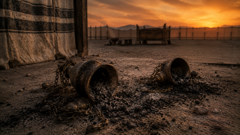 Two scorched bronze censers on the ground, evoking the strange fire offering of Nadab and Abihu in Leviticus 10