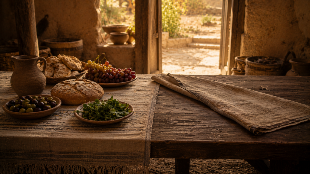 A household table with clean food on one side and an empty space on the other, evoking the food-laws distinction of Leviticus 11