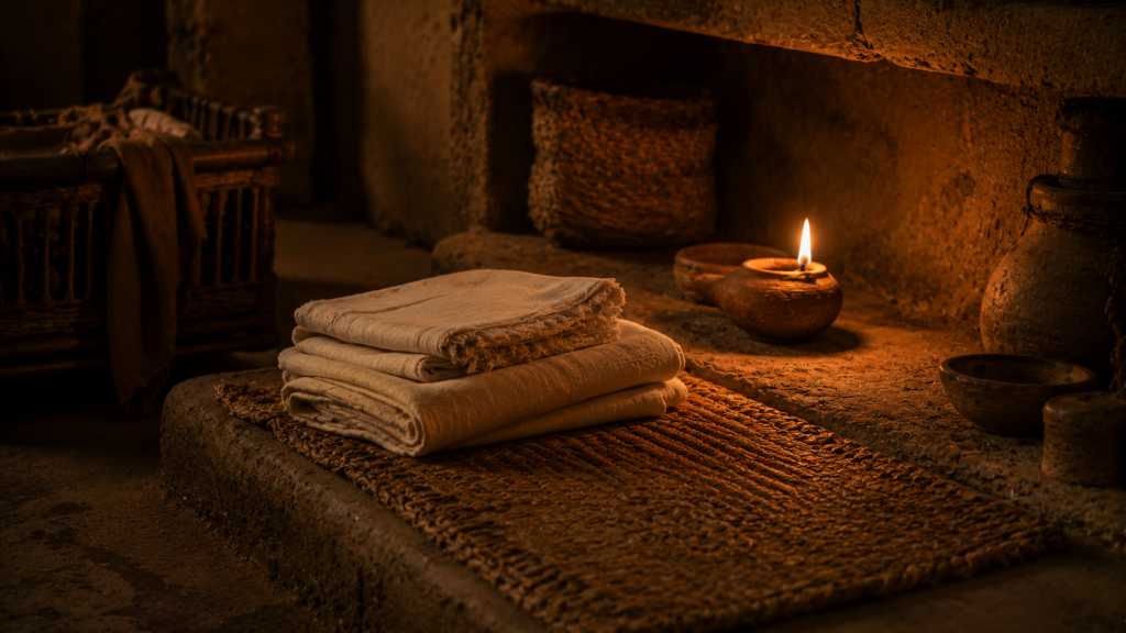 A household interior with swaddling cloths and a lamp, evoking the postpartum recovery period of Leviticus 12