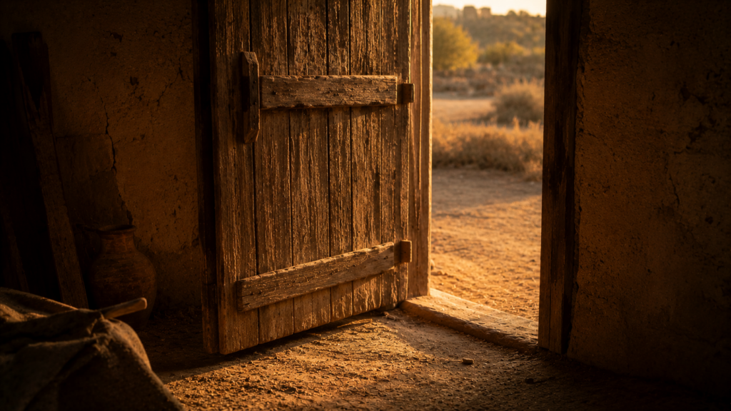 A household threshold doorway at golden hour, evoking the patient examination period of Leviticus 13