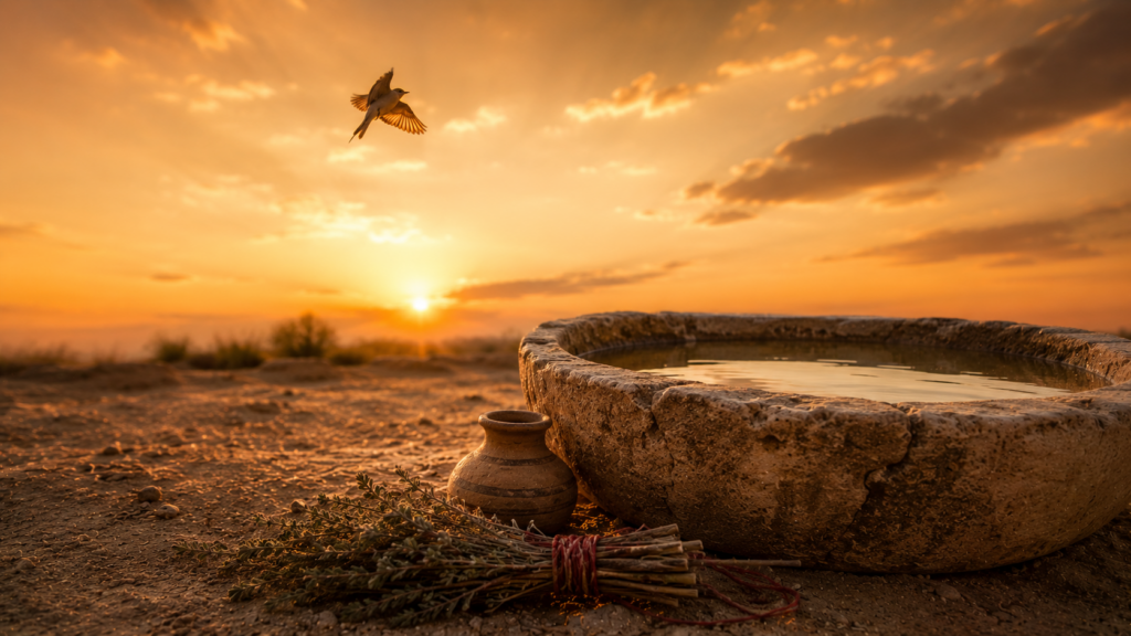 A small bird in flight beside a basin with cedar, scarlet, and hyssop, evoking the two-bird cleansing rite of Leviticus 14