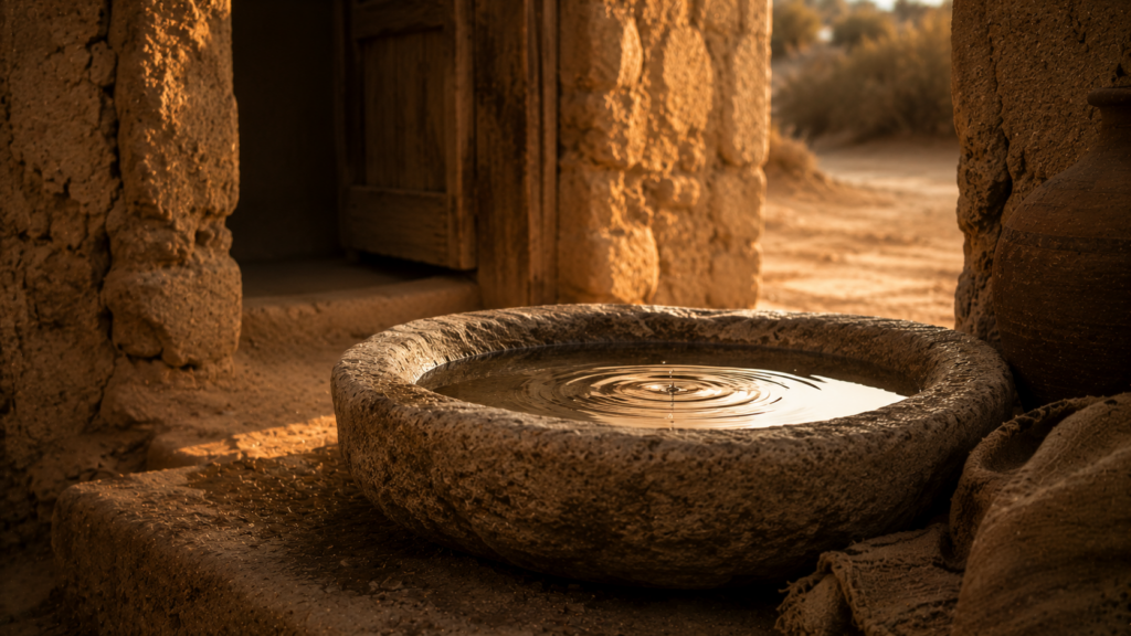 A stone basin filled with water with a small ripple, evoking the cleansing protocols of Leviticus 15
