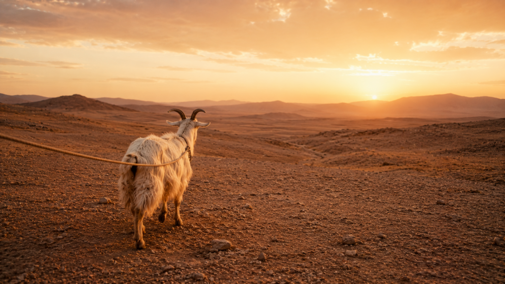 A goat being led toward the wilderness at golden hour, evoking the scapegoat sent to Azazel at Leviticus 16